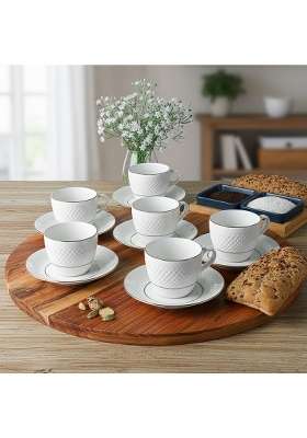Femora Double Gold LineDiamond Cut White Ceramic Tea Cup with Saucer Pcs | 200 ml | 6.8 fl oz | 12-Piece Set | Dishwasher Safe | Microwave Safe