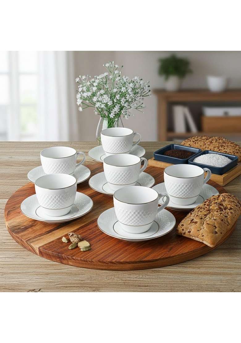 Femora Double Gold LineDiamond Cut White Ceramic Tea Cup with Saucer Pcs | 200 ml | 6.8 fl oz | 12-Piece Set | Dishwasher Safe | Microwave Safe - Indya