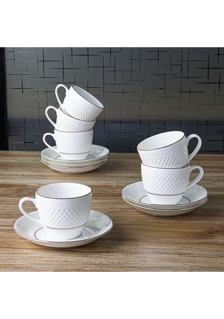 Femora Double Gold LineDiamond Cut White Ceramic Tea Cup with Saucer Pcs | 200 ml | 6.8 fl oz | 12-Piece Set | Dishwasher Safe | Microwave Safe - Indya