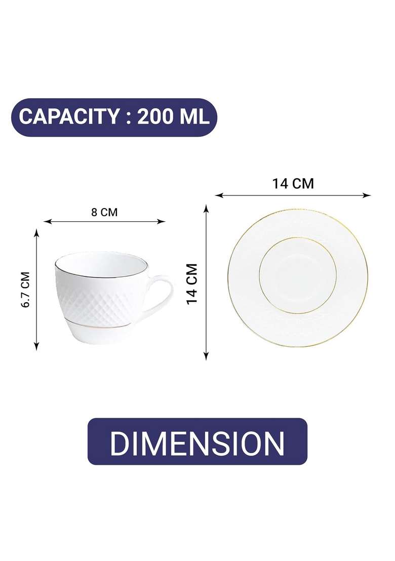 Femora Double Gold LineDiamond Cut White Ceramic Tea Cup with Saucer Pcs | 200 ml | 6.8 fl oz | 12-Piece Set | Dishwasher Safe | Microwave Safe - Indya