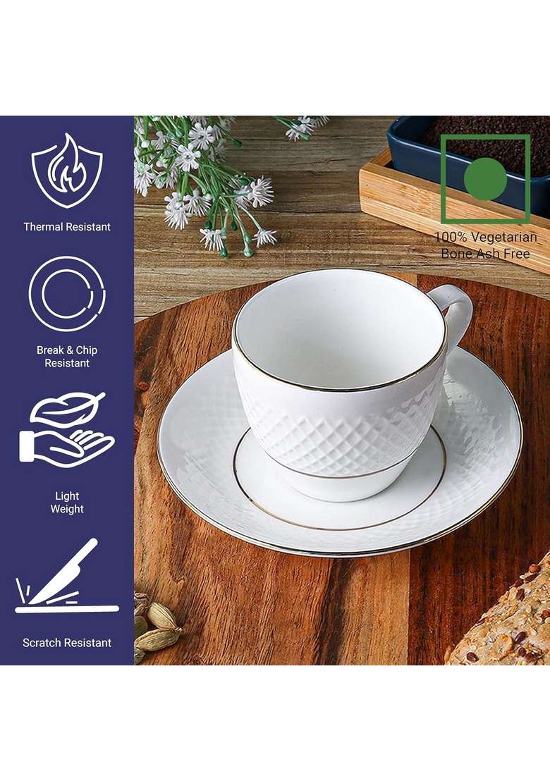 Femora Double Gold LineDiamond Cut White Ceramic Tea Cup with Saucer Pcs | 200 ml | 6.8 fl oz | 12-Piece Set | Dishwasher Safe | Microwave Safe - Indya