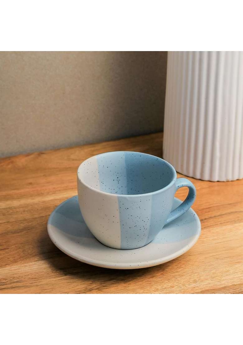The Earth Store TT Blue Ceramic Cappuccino Coffee Cup with Saucer | 250 ml | 8.5 fl oz | Dishwasher Safe | Microwave Safe - Indya