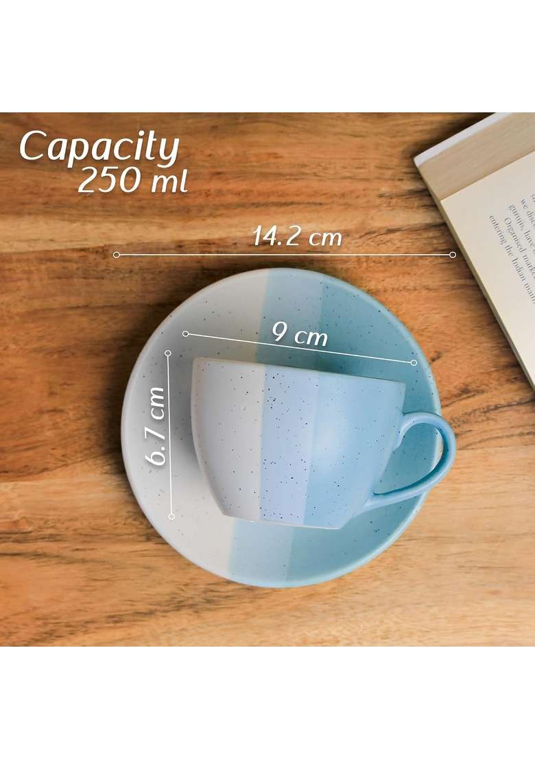 The Earth Store TT Blue Ceramic Cappuccino Coffee Cup with Saucer | 250 ml | 8.5 fl oz | Dishwasher Safe | Microwave Safe - Indya