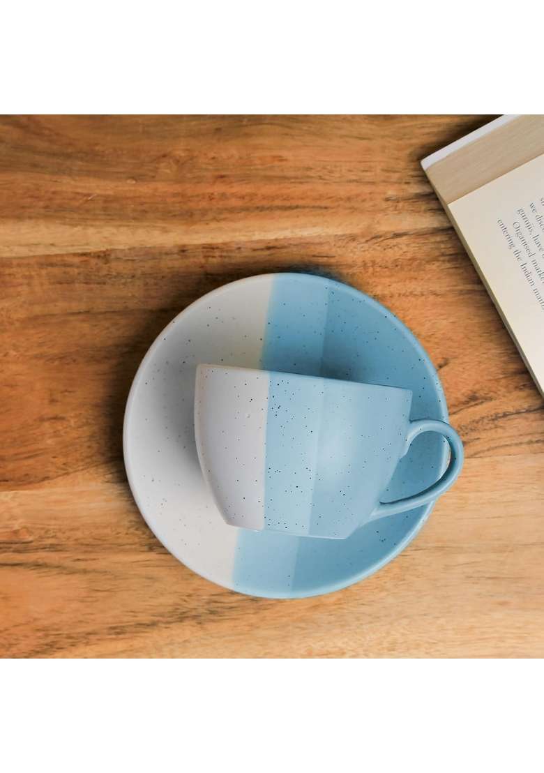 The Earth Store TT Blue Ceramic Cappuccino Coffee Cup with Saucer | 250 ml | 8.5 fl oz | Dishwasher Safe | Microwave Safe - Indya