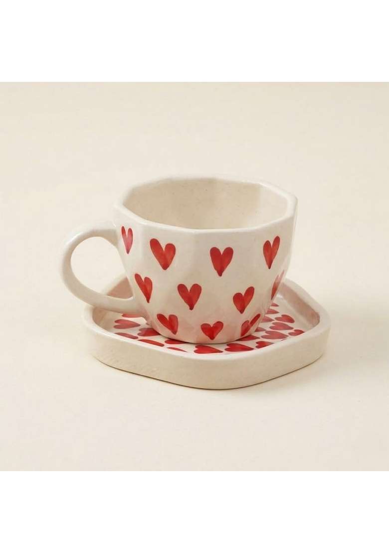 Femora Hand-Painted Ceramic Heart Print Teacup and Saucer Set | 250 ml | 8.5 fl oz - Indya