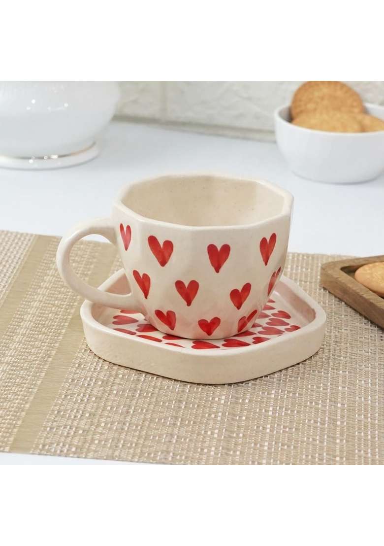 Femora Hand-Painted Ceramic Heart Print Teacup and Saucer Set | 250 ml | 8.5 fl oz - Indya