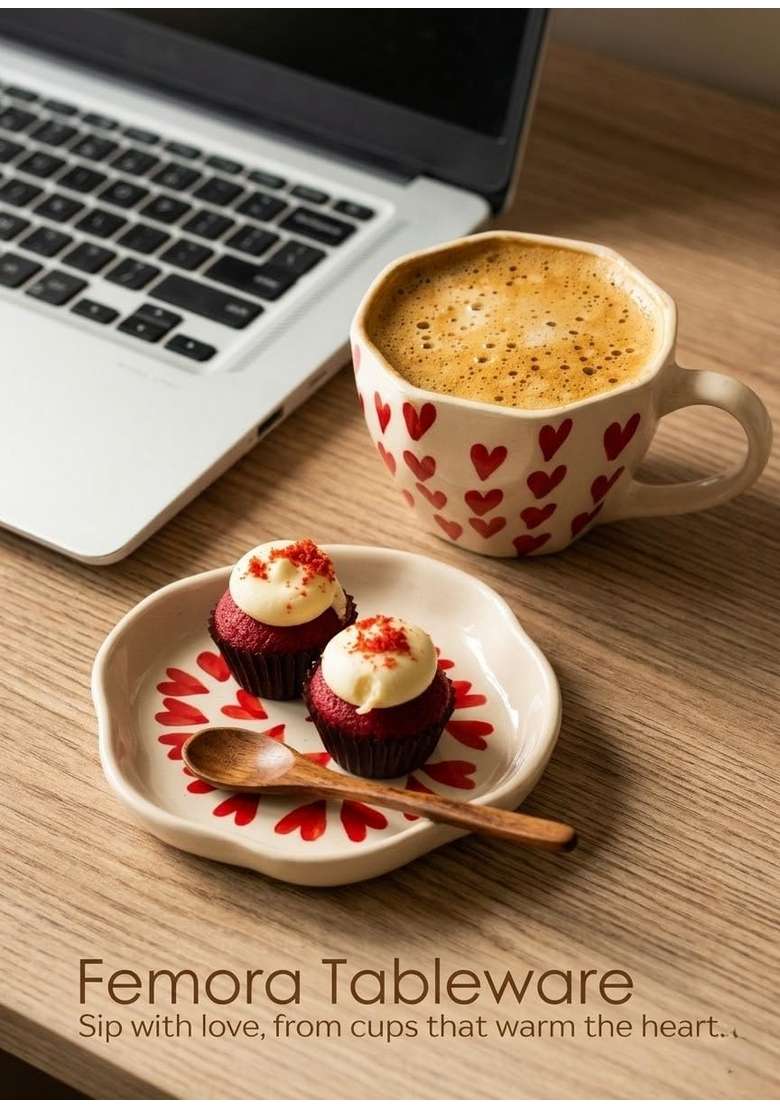 Femora Hand-Painted Ceramic Heart Print Teacup and Saucer Set | 250 ml | 8.5 fl oz - Indya