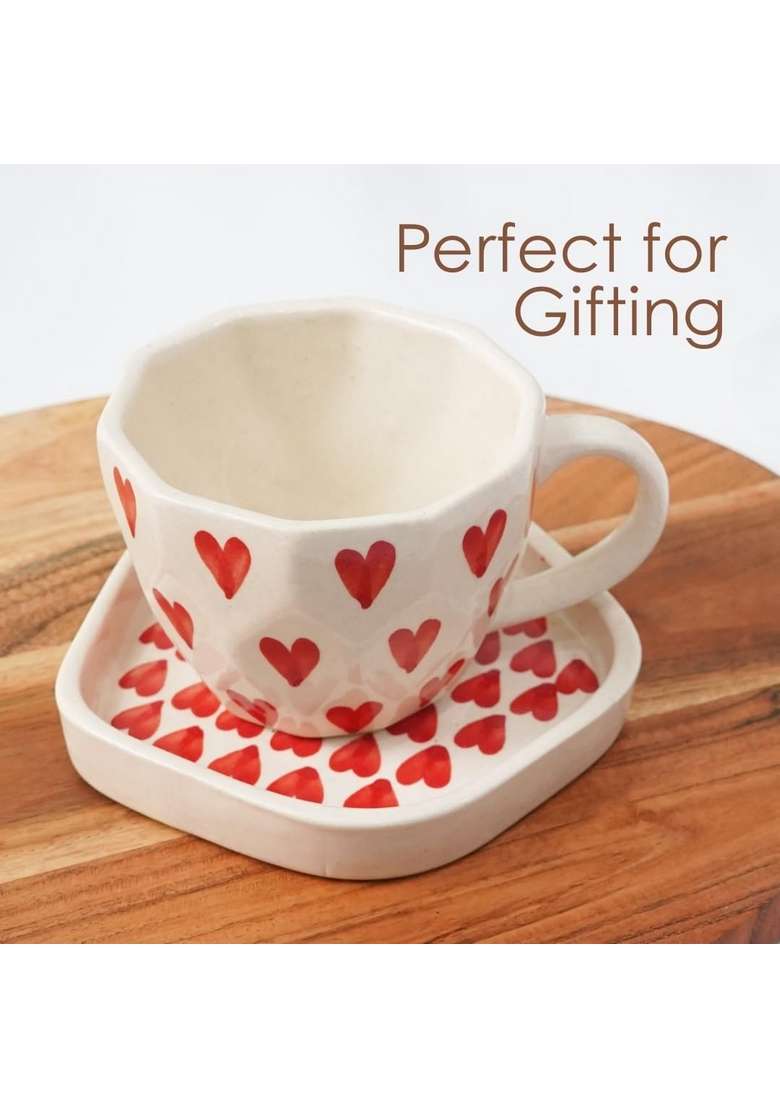 Femora Hand-Painted Ceramic Heart Print Teacup and Saucer Set | 250 ml | 8.5 fl oz - Indya