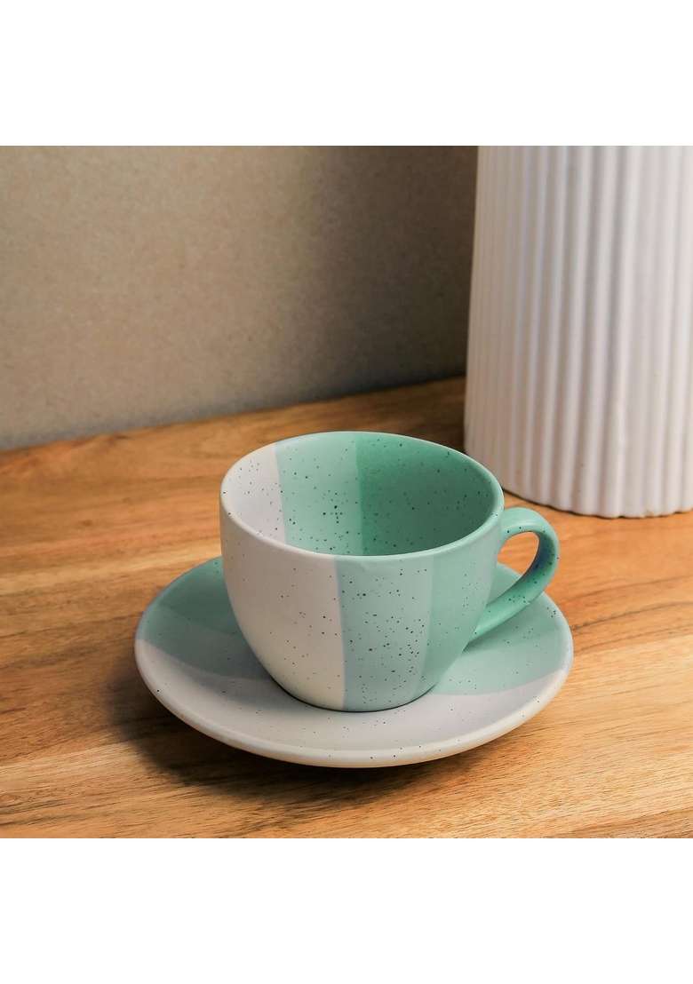 The Earth Store TT Green Ceramic Cappuccino Coffee Cup with Saucer | 250 ml | 8.5 fl oz | Dishwasher Safe | Microwave Safe - Indya
