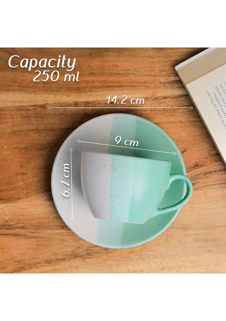 The Earth Store TT Green Ceramic Cappuccino Coffee Cup with Saucer | 250 ml | 8.5 fl oz | Dishwasher Safe | Microwave Safe - Indya