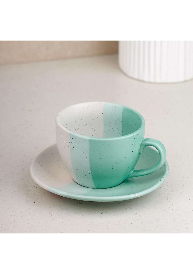 The Earth Store TT Green Ceramic Cappuccino Coffee Cup with Saucer | 250 ml | 8.5 fl oz | Dishwasher Safe | Microwave Safe - Indya