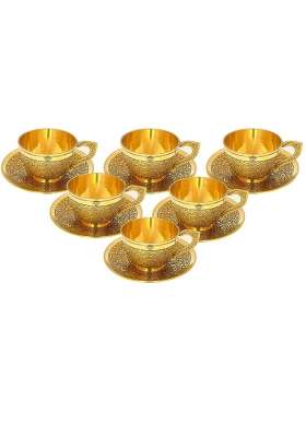 Indian Art Villa Pure Brass Embossed Design Cup and Saucer | 150 ml | 5.1 fl oz | 6-Piece Set