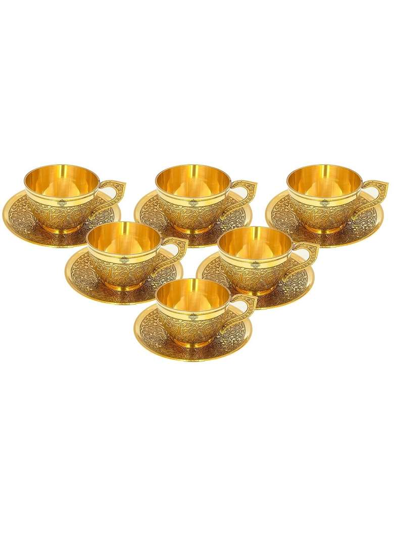 Indian Art Villa Pure Brass Embossed Design Cup and Saucer | 150 ml | 5.1 fl oz | 6-Piece Set - Indya