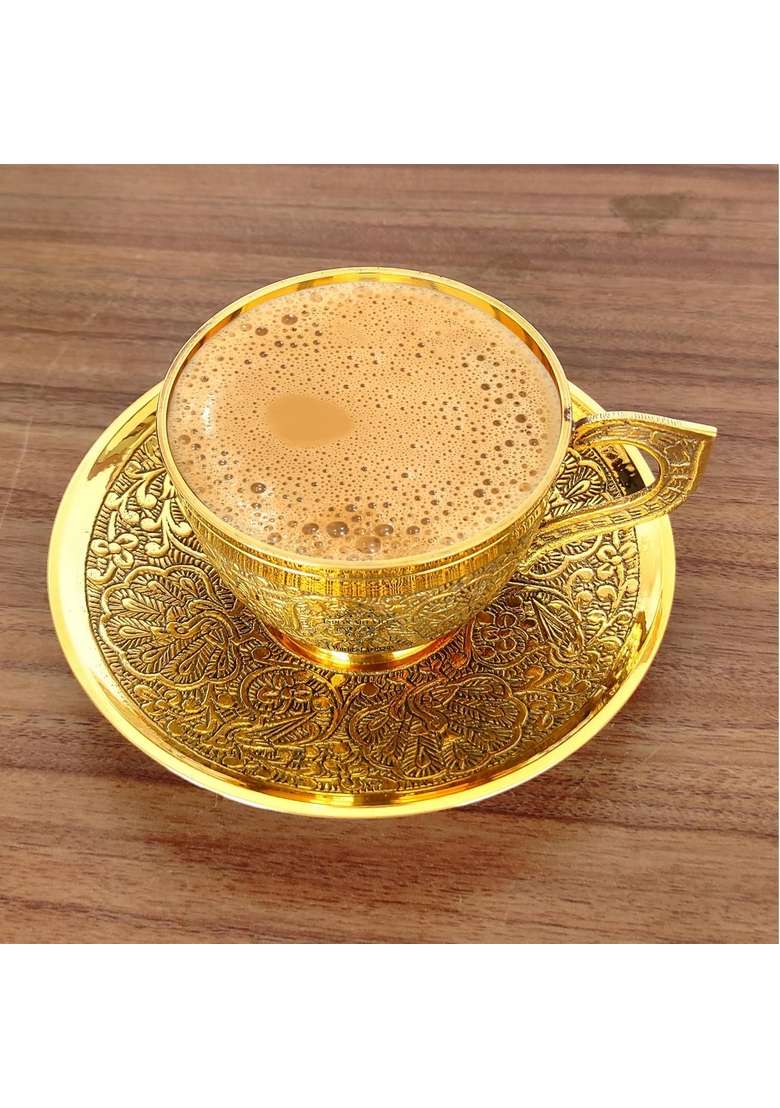 Indian Art Villa Pure Brass Embossed Design Cup and Saucer | 150 ml | 5.1 fl oz | 6-Piece Set - Indya