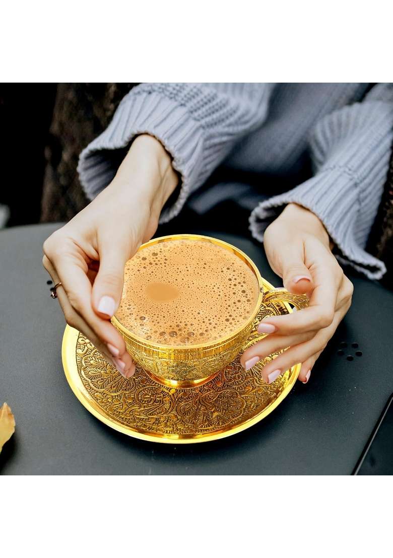 Indian Art Villa Pure Brass Embossed Design Cup and Saucer | 150 ml | 5.1 fl oz | 6-Piece Set - Indya