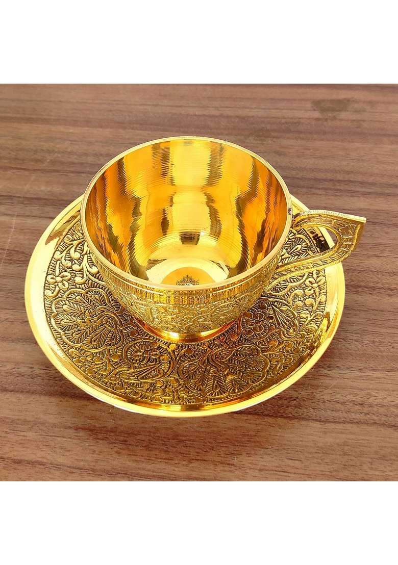 Indian Art Villa Pure Brass Embossed Design Cup and Saucer | 150 ml | 5.1 fl oz | 6-Piece Set - Indya