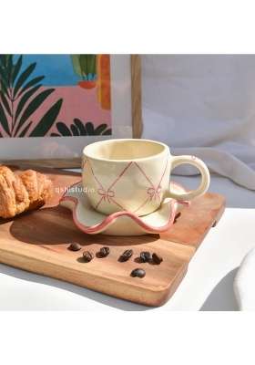 QSHI Studio Ceramic Handmade Cross Bow Tea Cup and Coaster Set | 200 ml | 6.8 fl oz