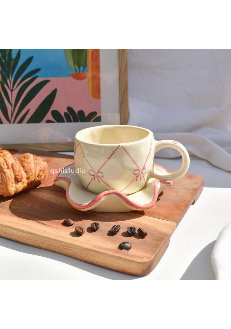 QSHI Studio Ceramic Handmade Cross Bow Tea Cup and Coaster Set | 200 ml | 6.8 fl oz - Indya
