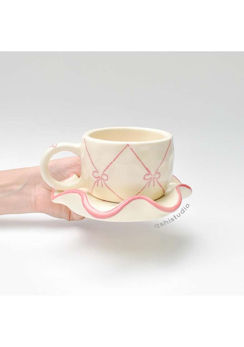 QSHI Studio Ceramic Handmade Cross Bow Tea Cup and Coaster Set | 200 ml | 6.8 fl oz - Indya