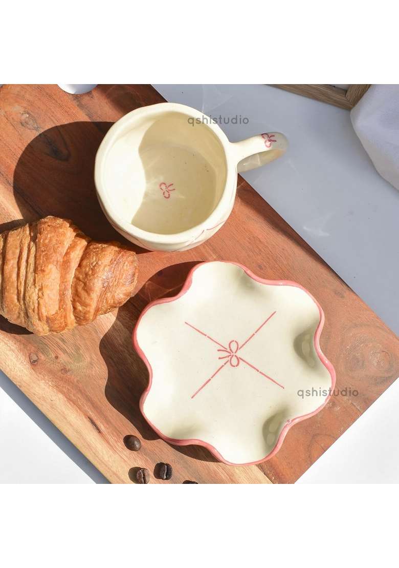 QSHI Studio Ceramic Handmade Cross Bow Tea Cup and Coaster Set | 200 ml | 6.8 fl oz - Indya