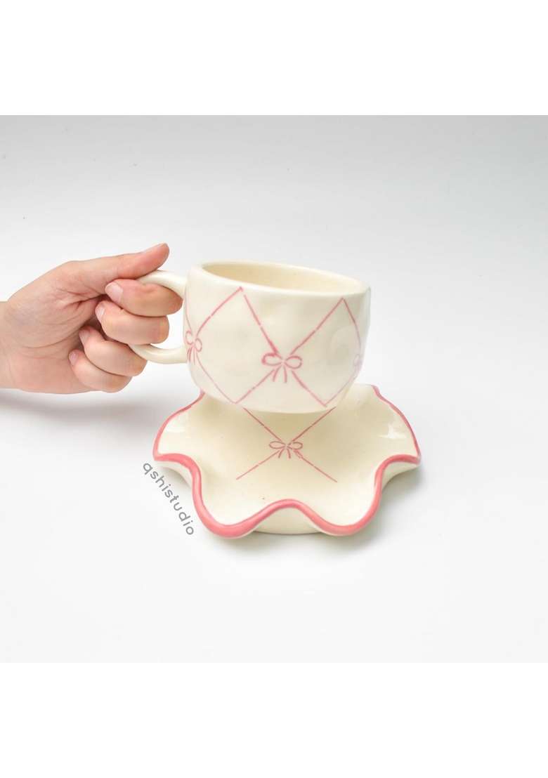 QSHI Studio Ceramic Handmade Cross Bow Tea Cup and Coaster Set | 200 ml | 6.8 fl oz - Indya