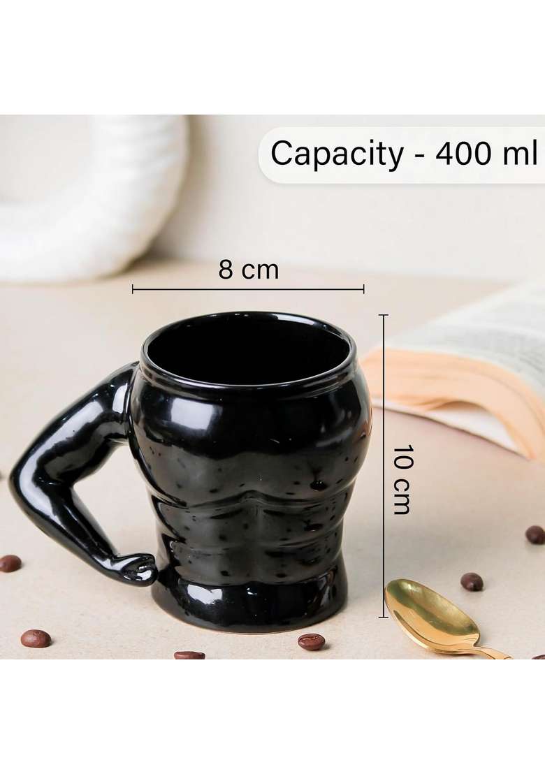 The Earth Store Black Muscle Ceramic Mugs to Gift to Best Friend | 400 ml | 13.5 fl oz | Microwave Safe - Indya