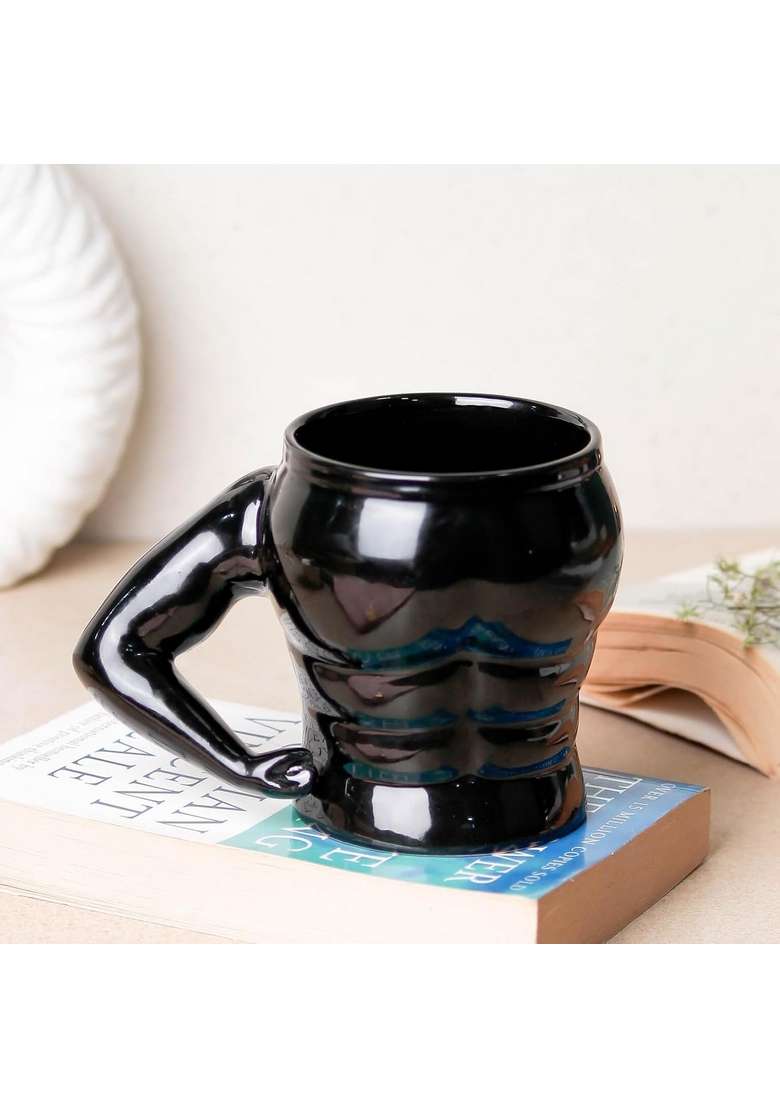 The Earth Store Black Muscle Ceramic Mugs to Gift to Best Friend | 400 ml | 13.5 fl oz | Microwave Safe - Indya