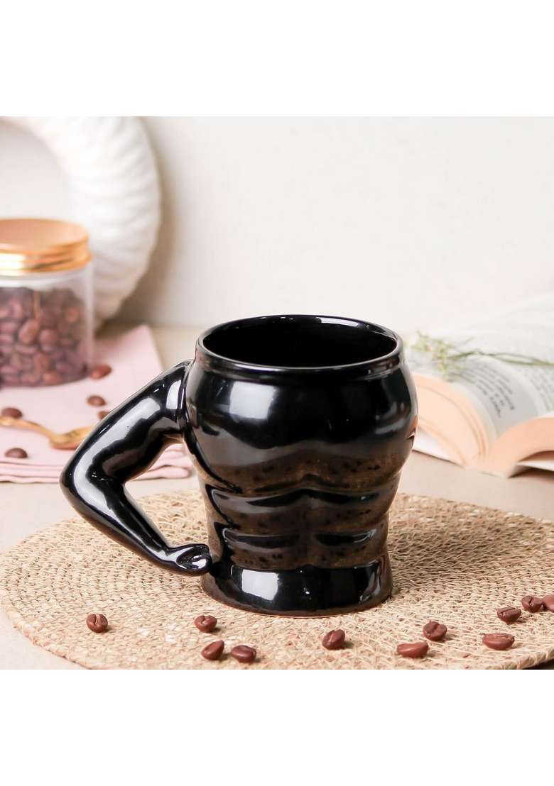 The Earth Store Black Muscle Ceramic Mugs to Gift to Best Friend | 400 ml | 13.5 fl oz | Microwave Safe - Indya