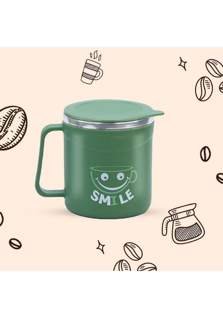 ATTRO Happy Mug Comes with Double Wall Inner Stainless Still and Lid Stylish Cup Ideal | 300 ml | 10.1 fl oz - Indya