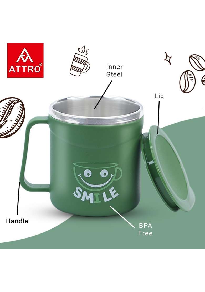 ATTRO Happy Mug Comes with Double Wall Inner Stainless Still and Lid Stylish Cup Ideal | 300 ml | 10.1 fl oz - Indya
