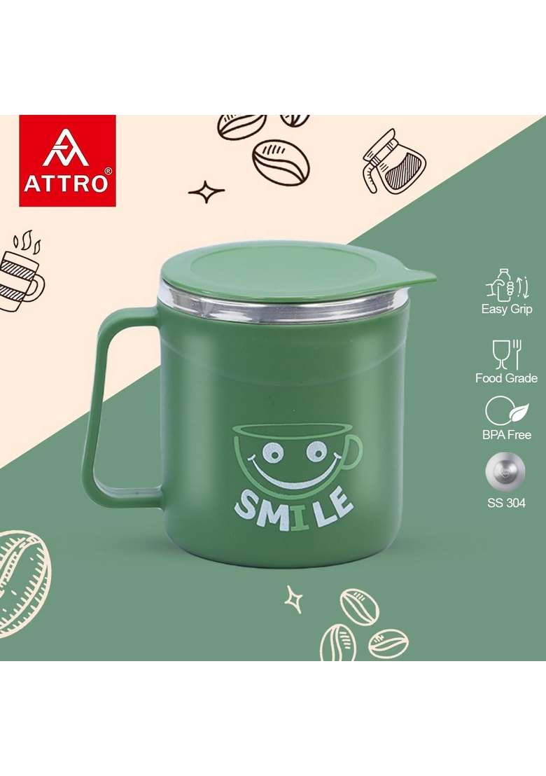 ATTRO Happy Mug Comes with Double Wall Inner Stainless Still and Lid Stylish Cup Ideal | 300 ml | 10.1 fl oz - Indya