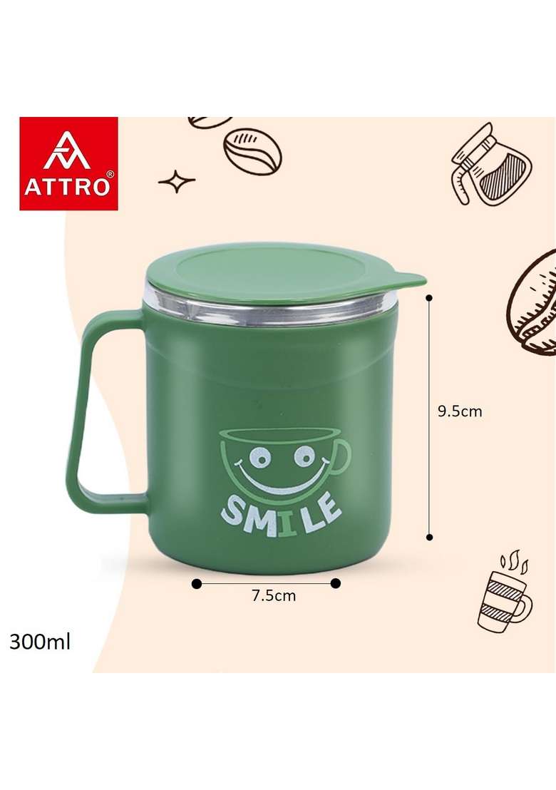ATTRO Happy Mug Comes with Double Wall Inner Stainless Still and Lid Stylish Cup Ideal | 300 ml | 10.1 fl oz - Indya