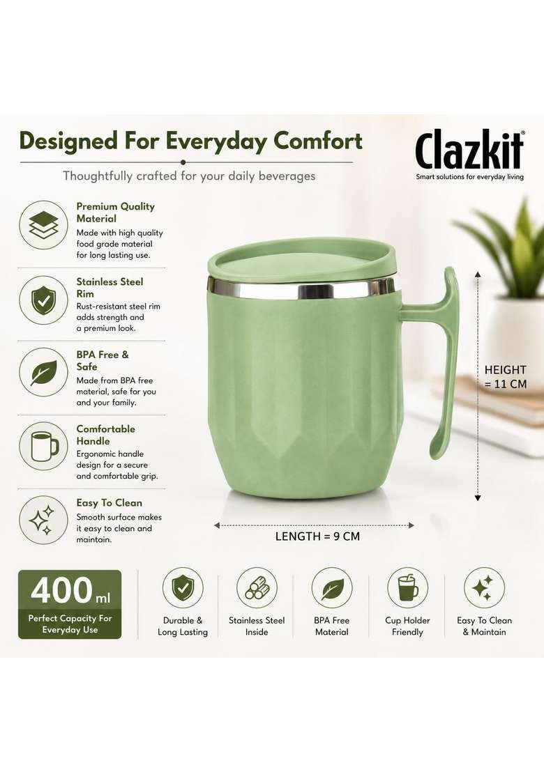 Clazkit Travel Leak Proof Coffee Mug | 300 ml | 10.1 fl oz - Indya