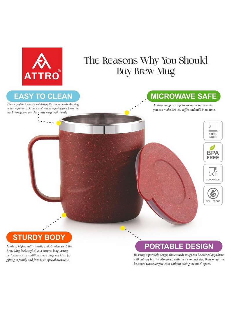 ATTRO Brew Mug Stainless Steel Inner with Eco Friendly Outer Body | 300 ml | 10.1 fl oz | Microwave Safe - Indya