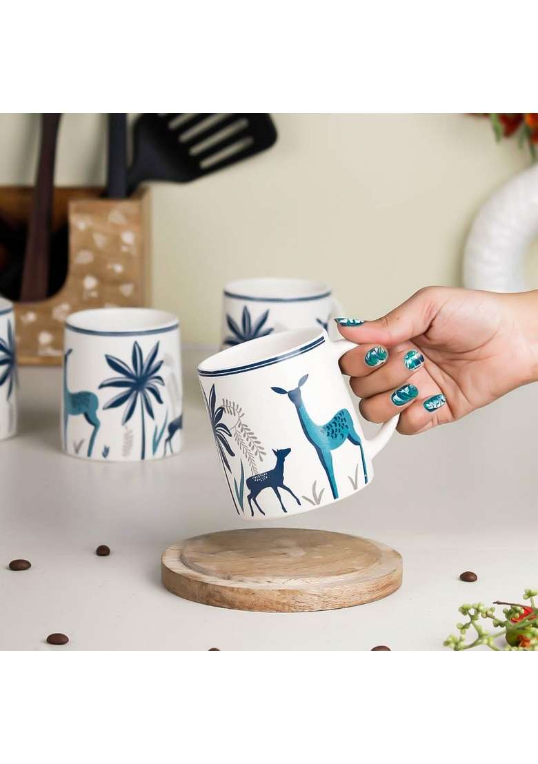 The Earth Store Stag Blue Coffee Mugs to Gift to Best Friends | 300 ml | 10.1 fl oz | 2-Piece Set | Microwave Safe - Indya