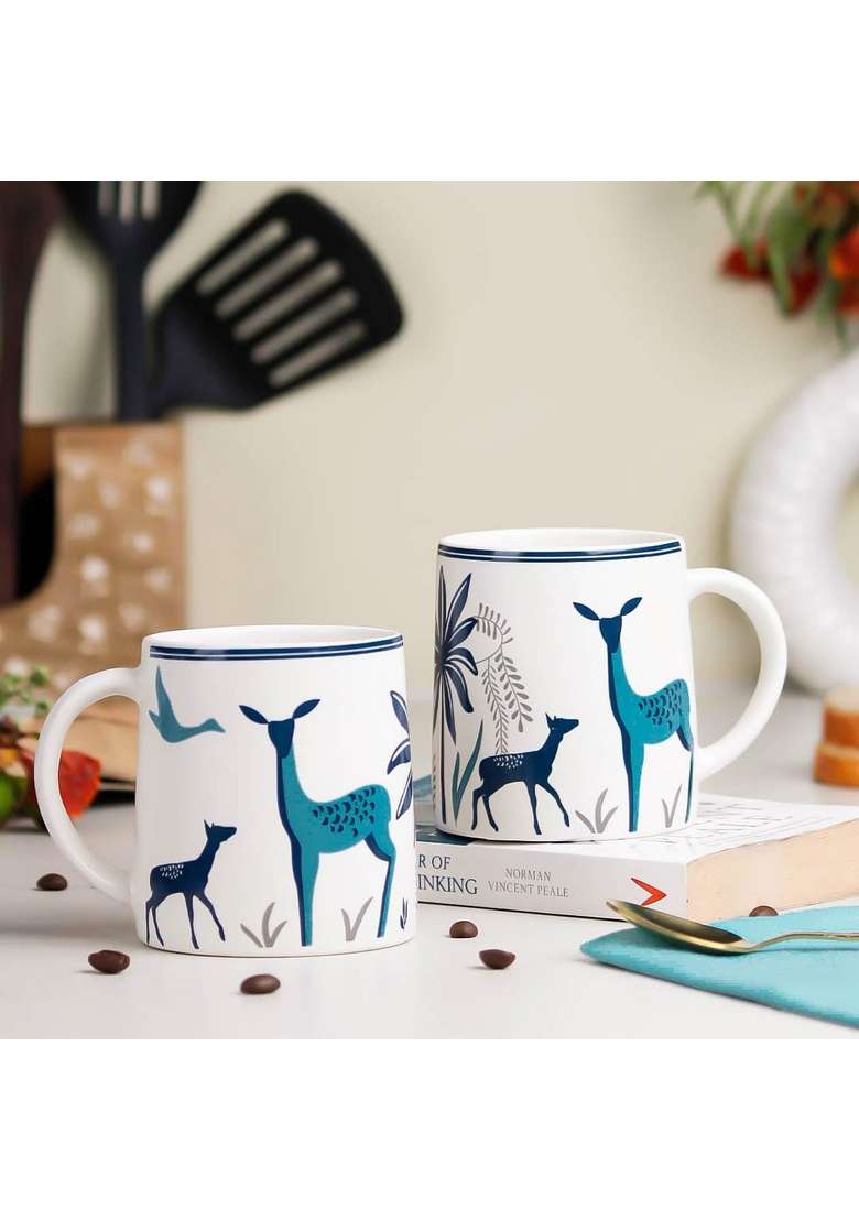 The Earth Store Stag Blue Coffee Mugs to Gift to Best Friends | 300 ml | 10.1 fl oz | 2-Piece Set | Microwave Safe - Indya