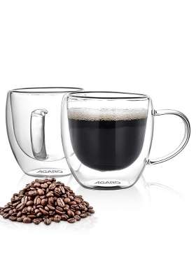 AGARO Elite Double Wall Glass Cups | 250 ml | 8.5 fl oz | Pack of 2 | Dishwasher Safe | Microwave Safe