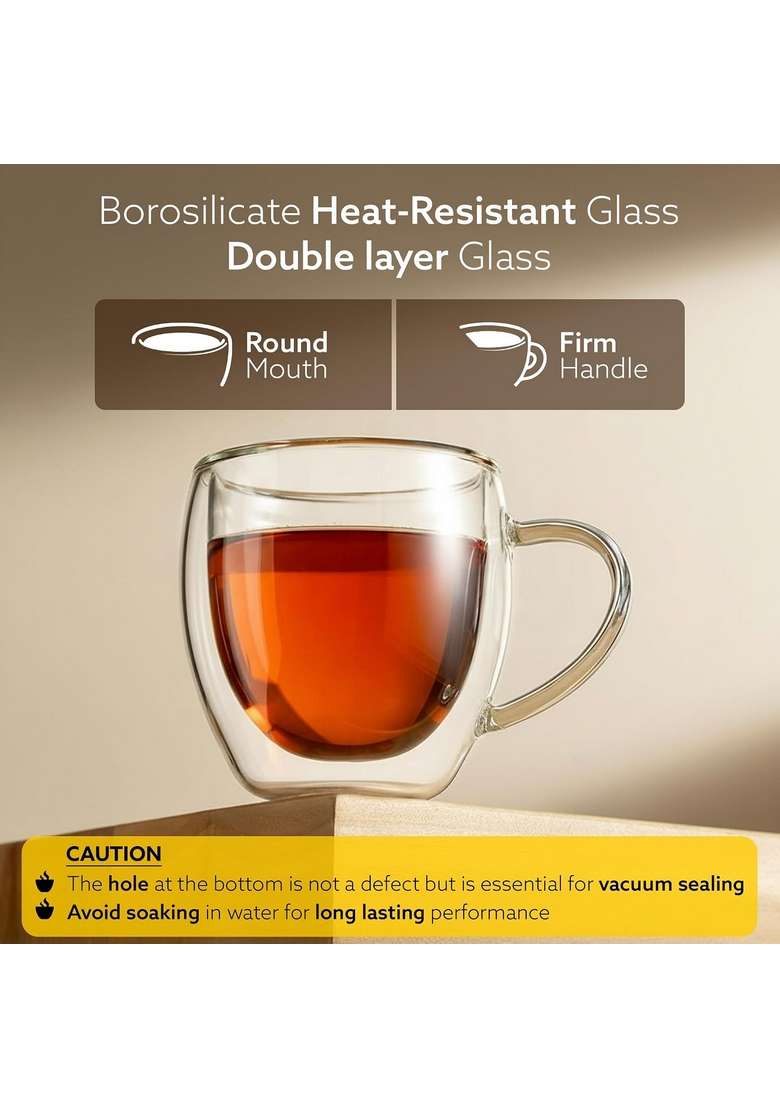 AGARO Elite Double Wall Glass Cups | 250 ml | 8.5 fl oz | Pack of 2 | Dishwasher Safe | Microwave Safe - Indya