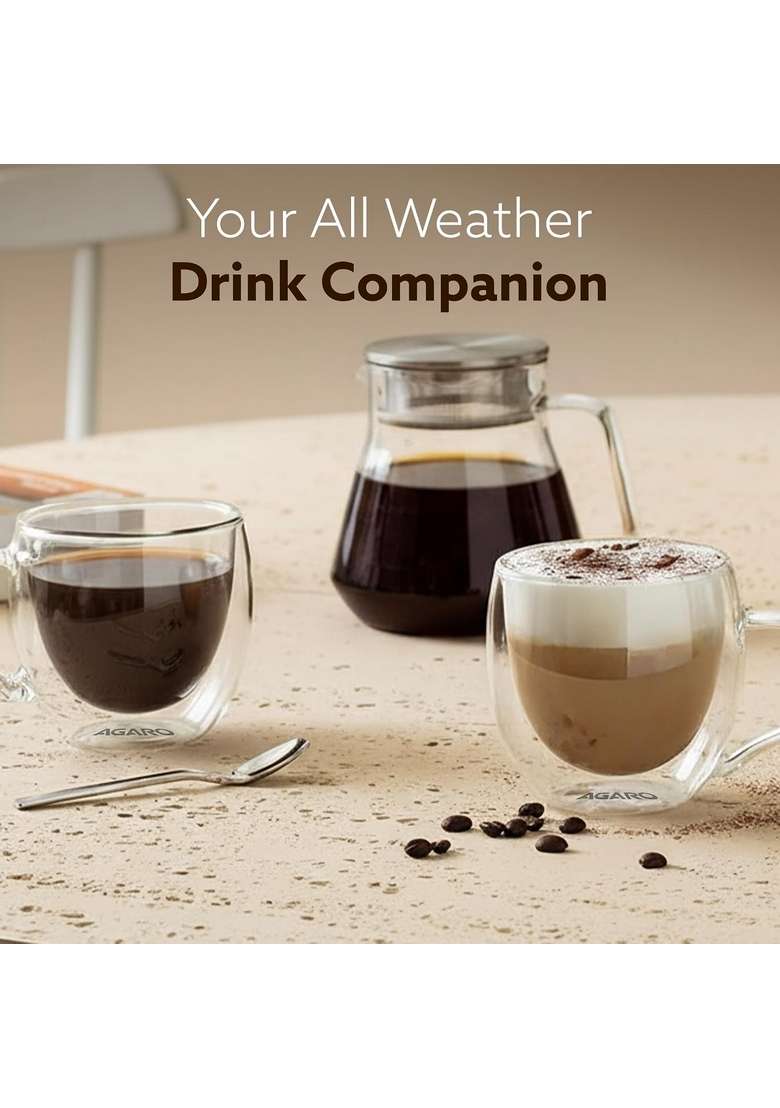 AGARO Elite Double Wall Glass Cups | 250 ml | 8.5 fl oz | Pack of 2 | Dishwasher Safe | Microwave Safe - Indya