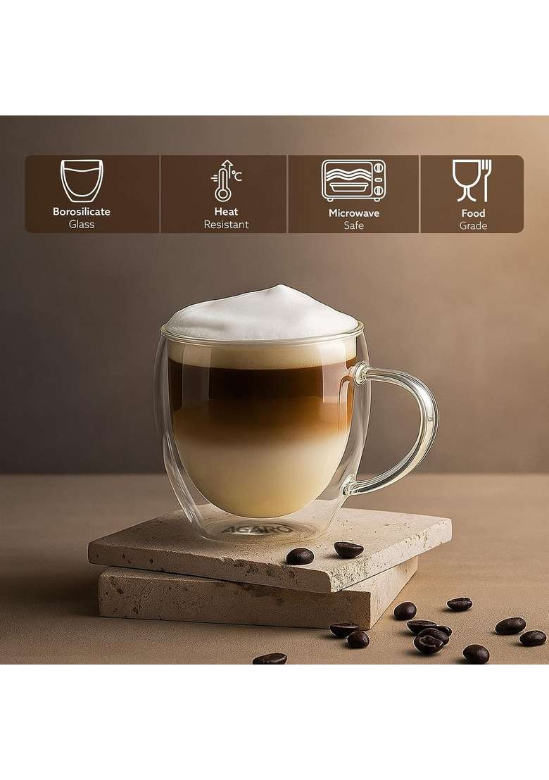 AGARO Elite Double Wall Glass Cups | 250 ml | 8.5 fl oz | Pack of 2 | Dishwasher Safe | Microwave Safe - Indya
