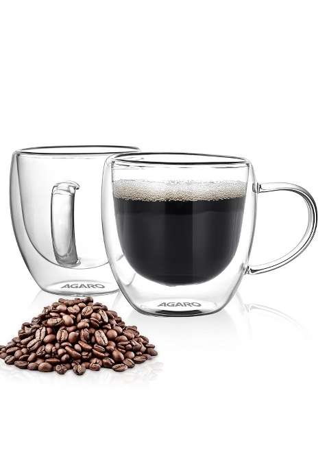 AGARO Elite Double Wall Glass Cups | 250 ml | 8.5 fl oz | Pack of 2 | Dishwasher Safe | Microwave Safe