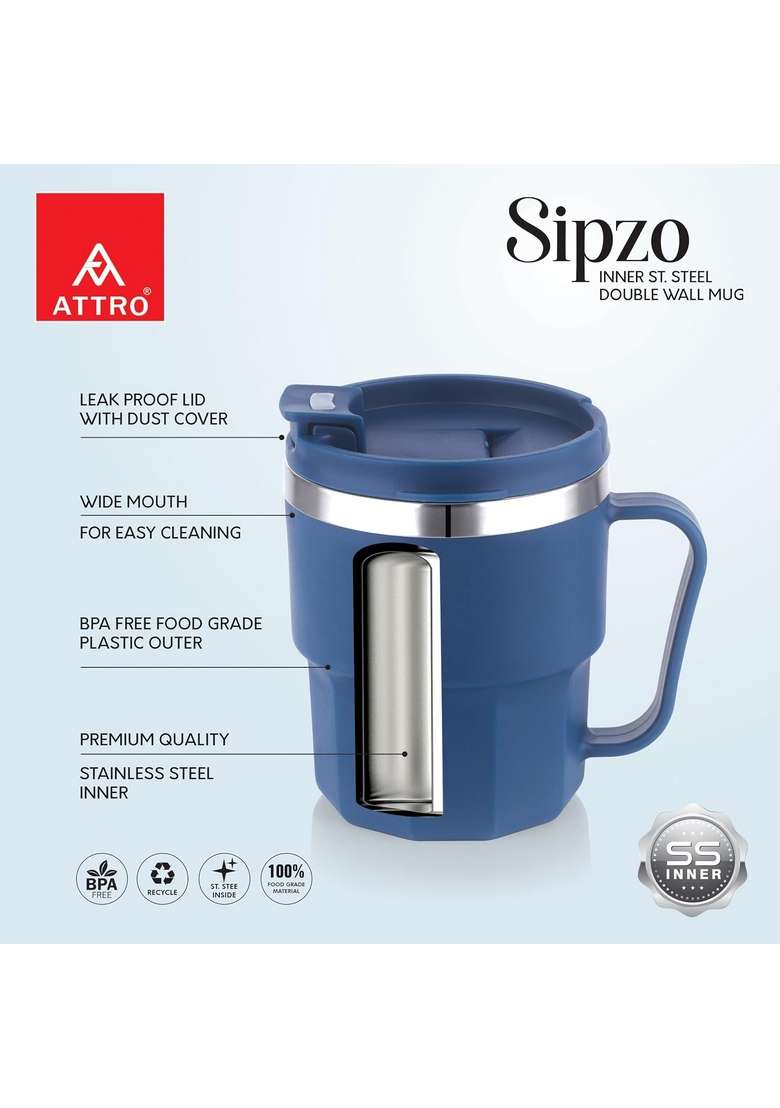 ATTRO Sipzo Double Wall Inner Steel Coffee Mug | 350 ml | 11.8 fl oz | BPA Free | Microwave Safe | Leak Proof | Food Safe - Indya