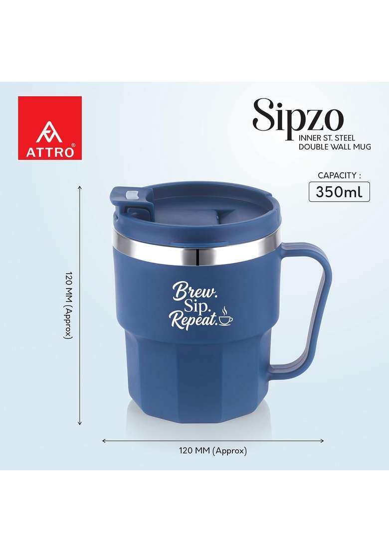 ATTRO Sipzo Double Wall Inner Steel Coffee Mug | 350 ml | 11.8 fl oz | BPA Free | Microwave Safe | Leak Proof | Food Safe - Indya