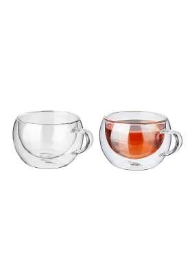 Solimo Amazon Brand Solimo Borosilicate Glass Double Wall Extra Wide Fancy Tea Cup | 300 ml | 10.1 fl oz | 2-Piece Set
