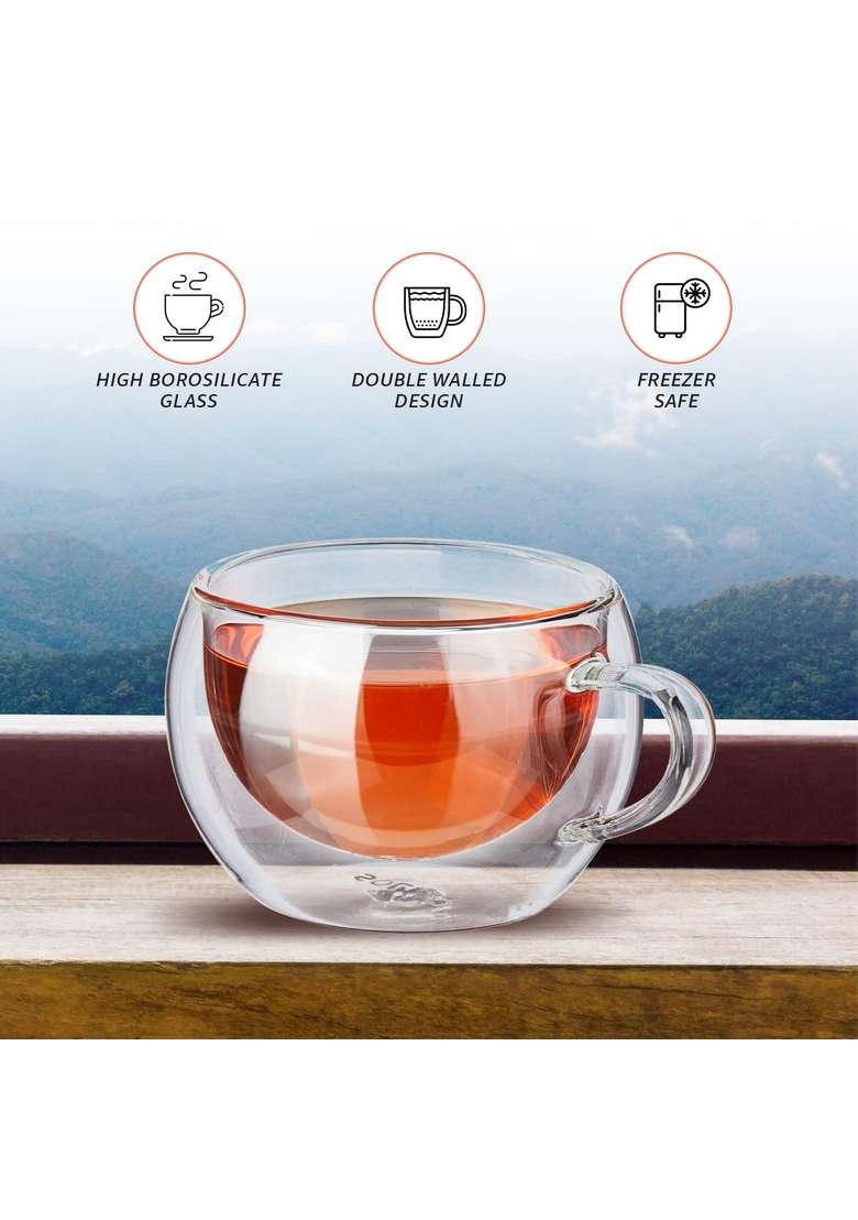Solimo Amazon Brand Solimo Borosilicate Glass Double Wall Extra Wide Fancy Tea Cup | 300 ml | 10.1 fl oz | 2-Piece Set - Indya