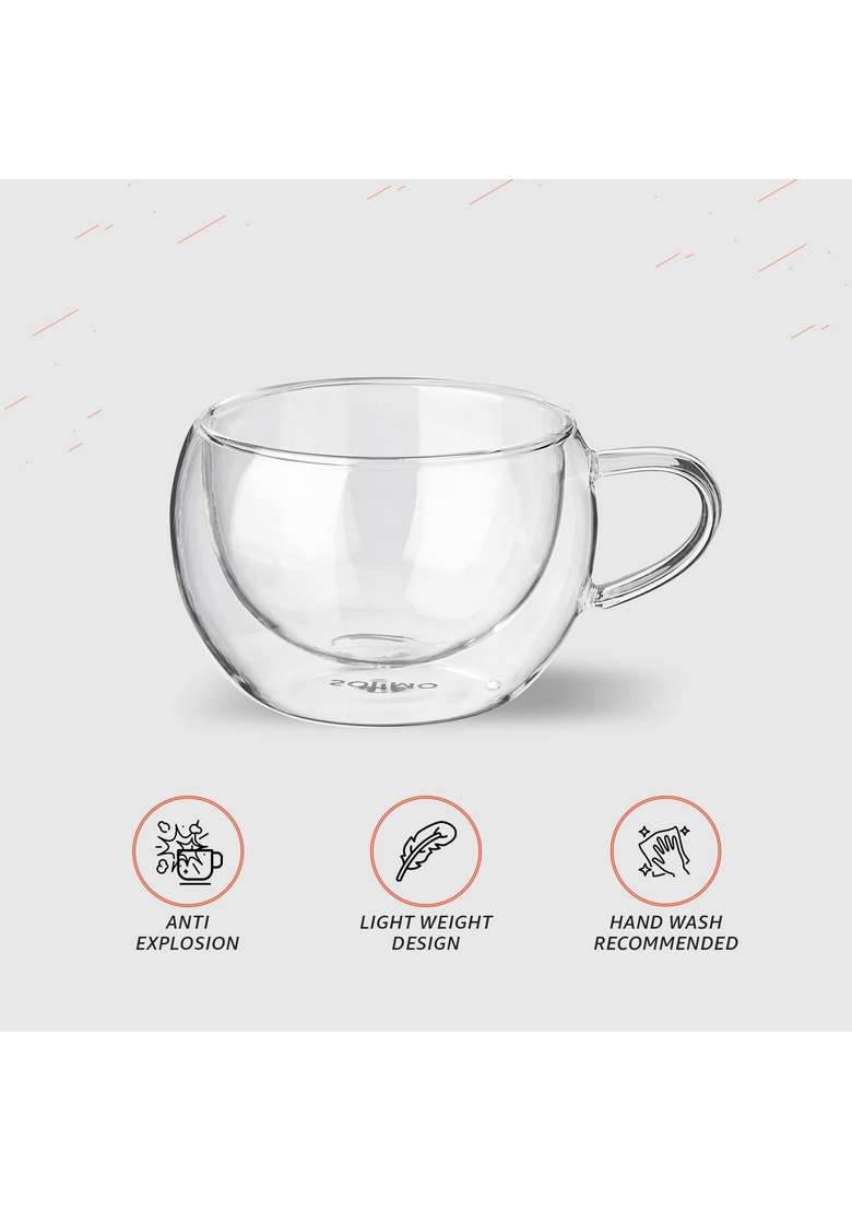 Solimo Amazon Brand Solimo Borosilicate Glass Double Wall Extra Wide Fancy Tea Cup | 300 ml | 10.1 fl oz | 2-Piece Set - Indya