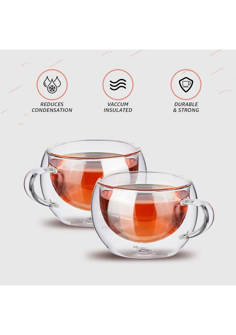 Solimo Amazon Brand Solimo Borosilicate Glass Double Wall Extra Wide Fancy Tea Cup | 300 ml | 10.1 fl oz | 2-Piece Set - Indya