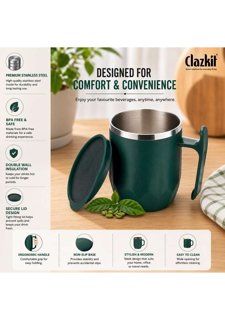 Clazkit Travel Leak Proof Coffee Mug | 300 ml | 10.1 fl oz - Indya
