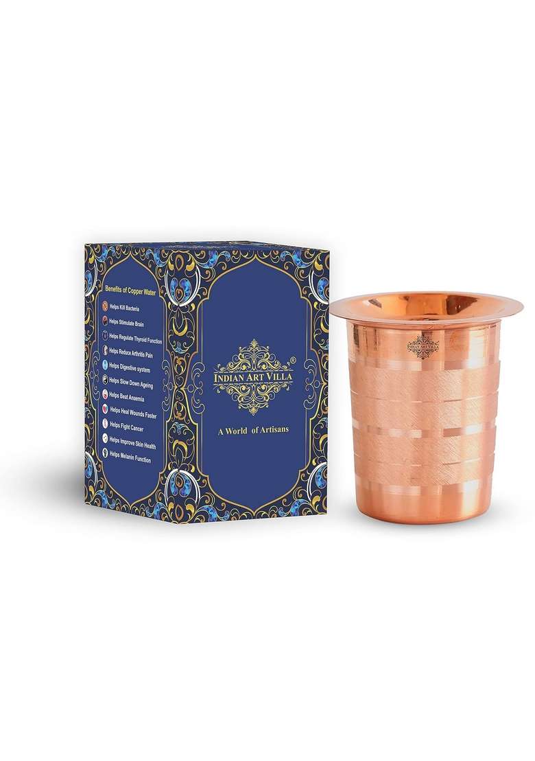 INDIAN ART VILLA Copper Glass Tumbler Cup with Lid Set | 300 ml | 10.1 fl oz - Indya