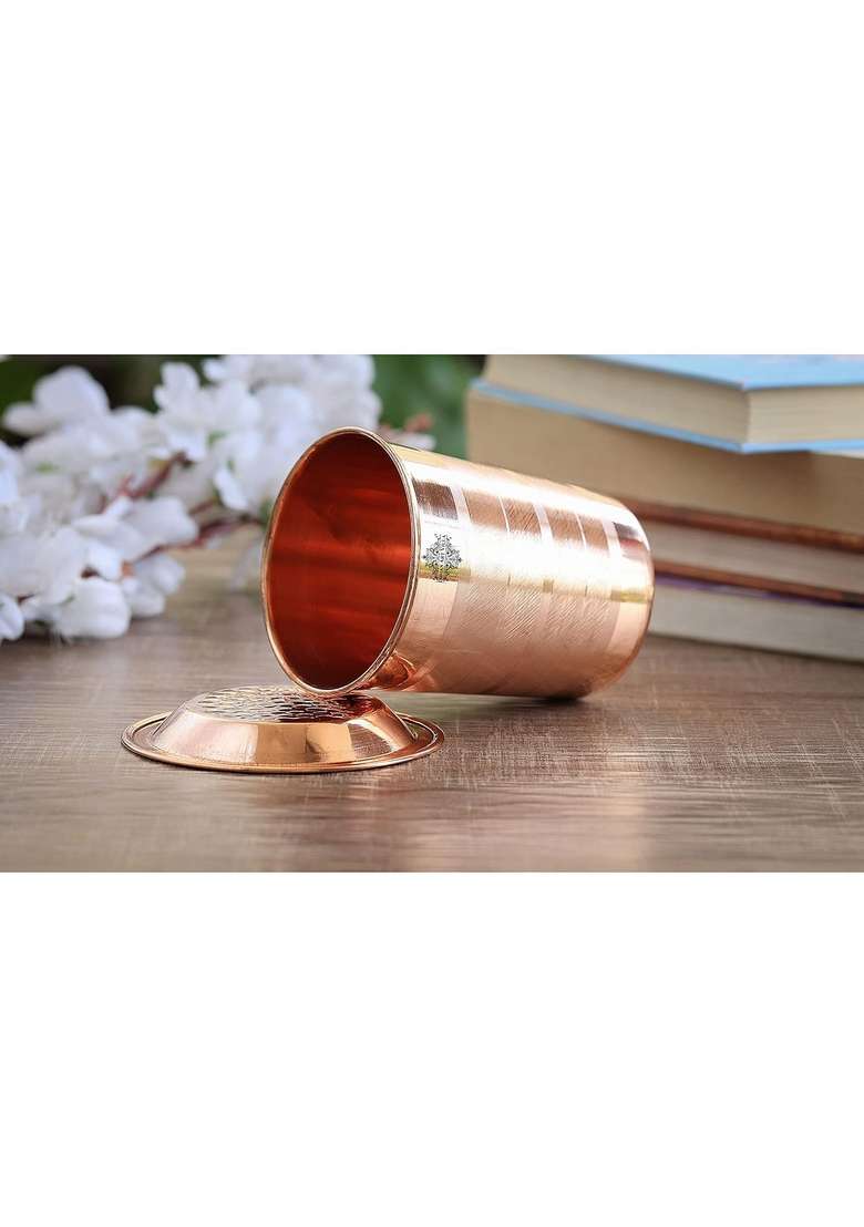 INDIAN ART VILLA Copper Glass Tumbler Cup with Lid Set | 300 ml | 10.1 fl oz - Indya